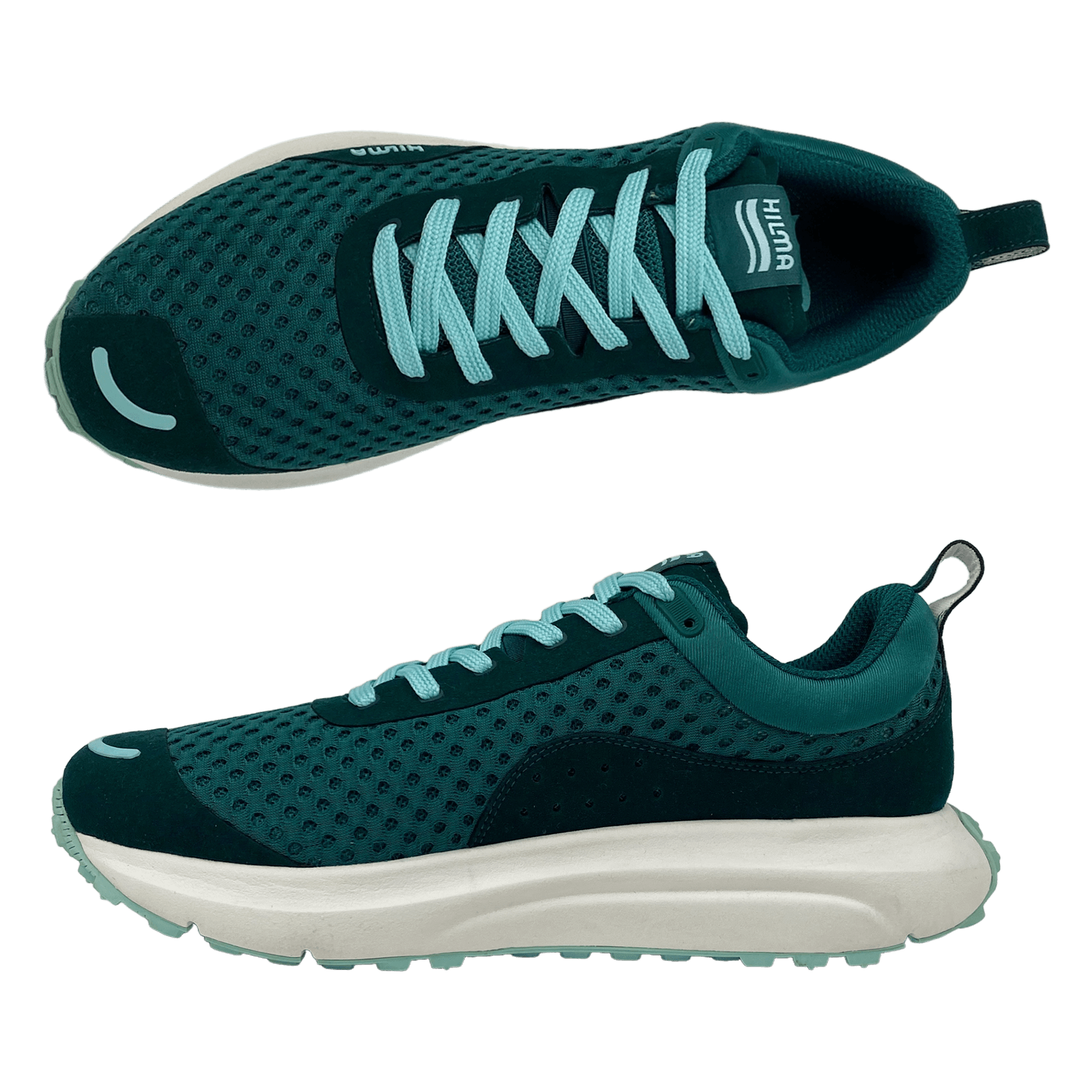Top and Side Angle view of the Hilma Running Shoe in Evergreen